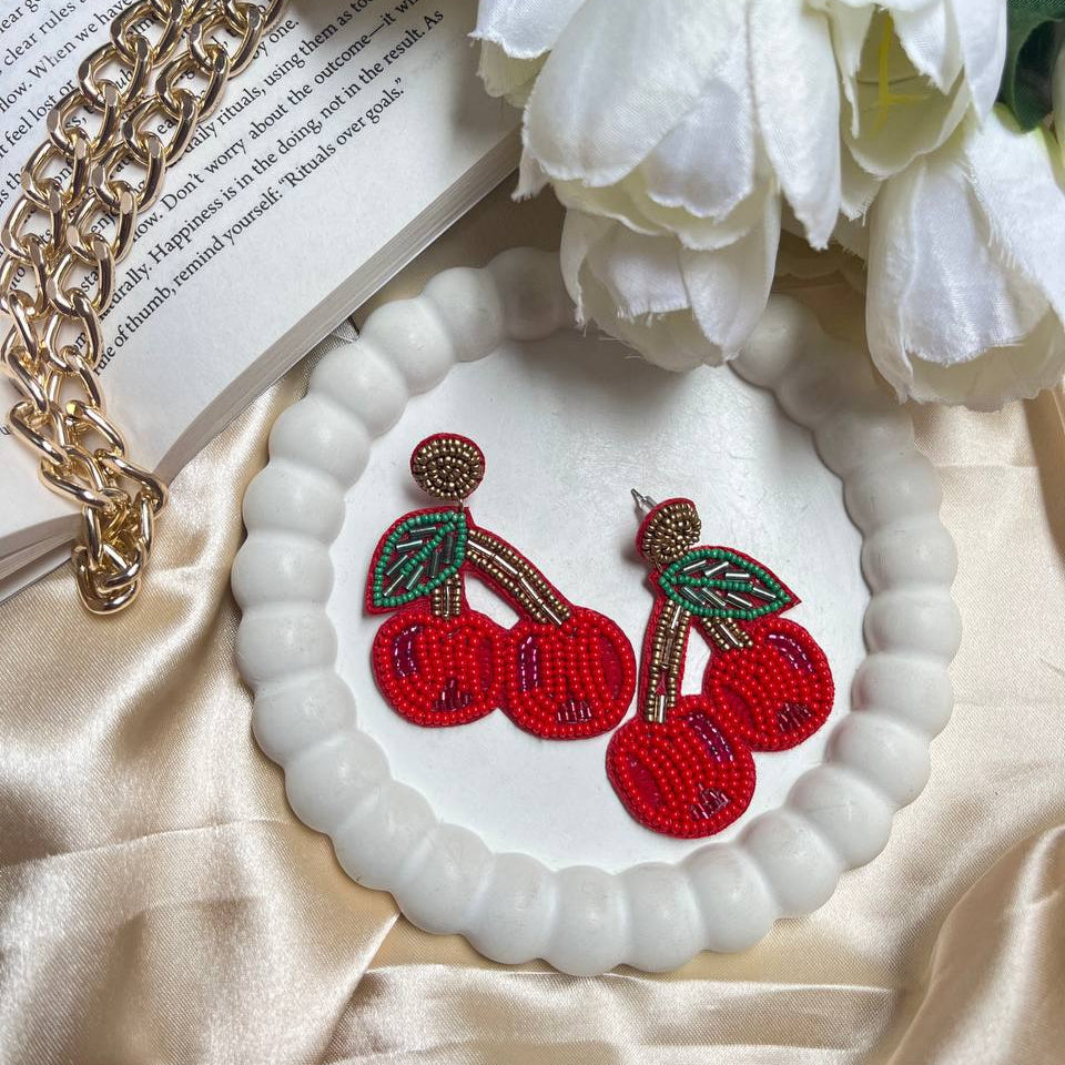 cherry beaded earrings #handmade #craftedearrings
