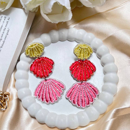 3-Layer Pink, Red & Yellow Seashell Handmade Beaded Earrings #summer #seavibes #beaded #earrings #handmade 