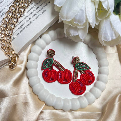 cherry beaded earrings #handmade #craftedearrings