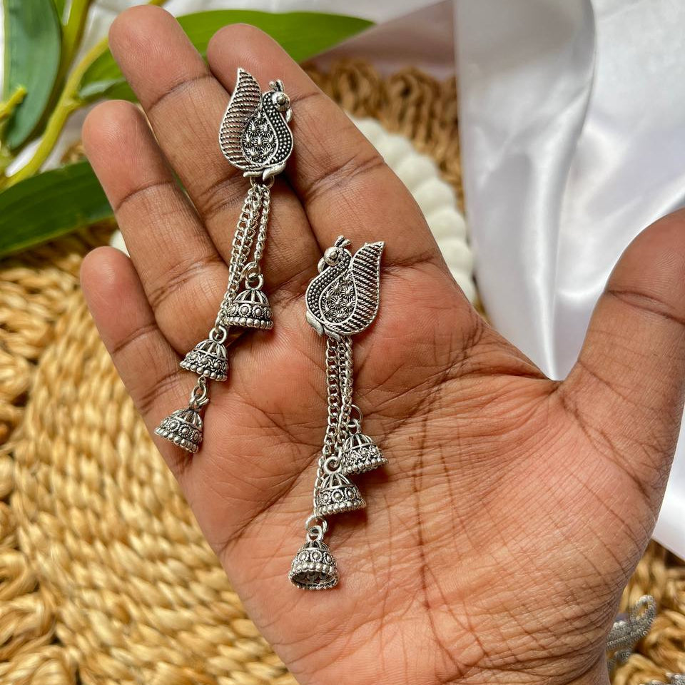 Indigo Peacock Earrings #oxidized #earrings #tivra #tivracreation #peacockdesign  
#peacockinspired  
#peacockfashion  
#traditionalearrings  
#festivejewellery  
#bridaljewellery  
#oxidisedearrings  
#mattejhumkas  
#jewellerybrand  
#onlinestoreindia  