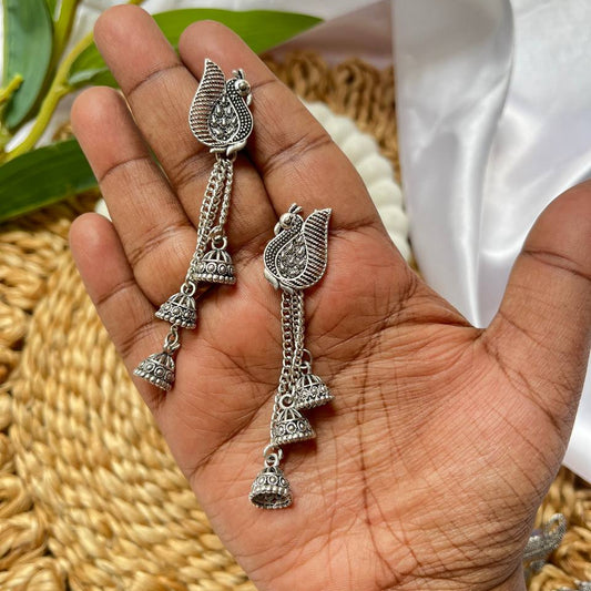 Indigo Peacock Earrings #oxidized #earrings #tivra #tivracreation #peacockdesign  
#peacockinspired  
#peacockfashion  
#traditionalearrings  
#festivejewellery  
#bridaljewellery  
#oxidisedearrings  
#mattejhumkas  
#jewellerybrand  
#onlinestoreindia  