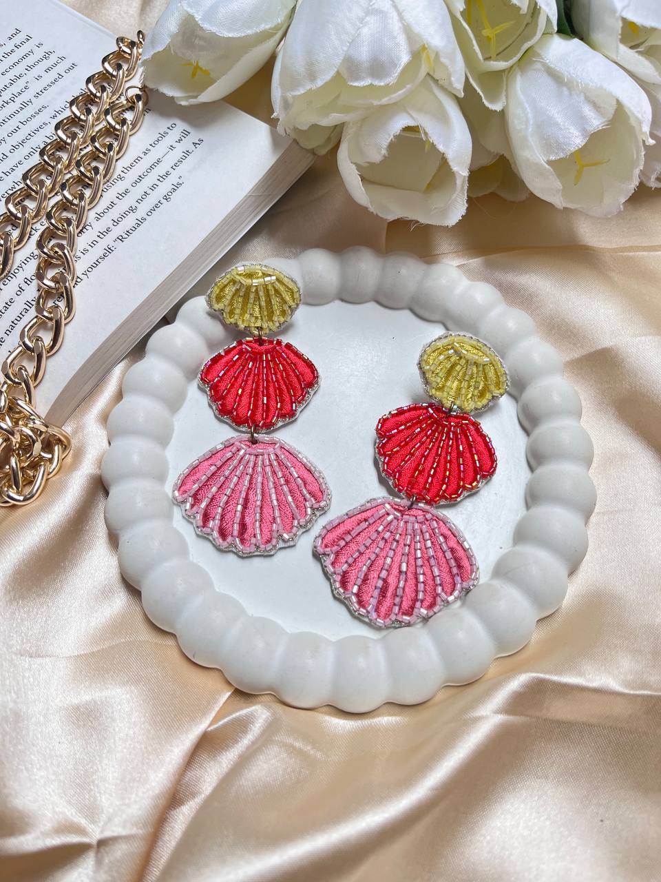 3-Layer Pink, Red & Yellow seashell Handmade Beaded Earrings #party #vibes #tivra #tivracreation #smallbusiness 
