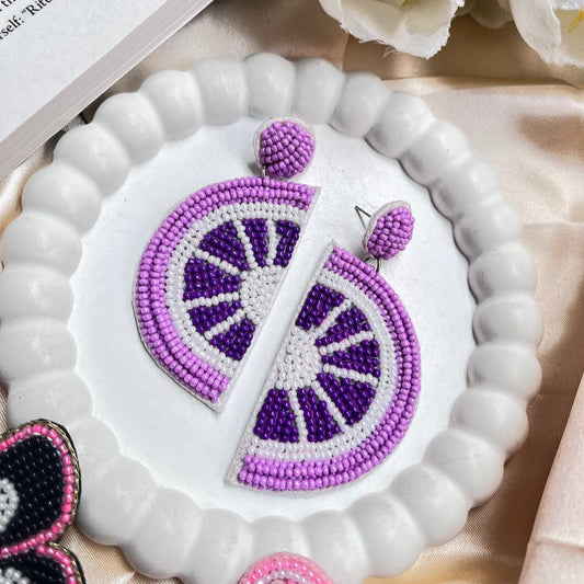 Tivra Creation's Lavender Lime Handmade Beaded Earrings #LavenderLime #CitrusEarrings #SummerEarrings #BeachVibesJewelry #TropicalAccessories #FruityEarrings #StatementEarrings #BeadedEarrings